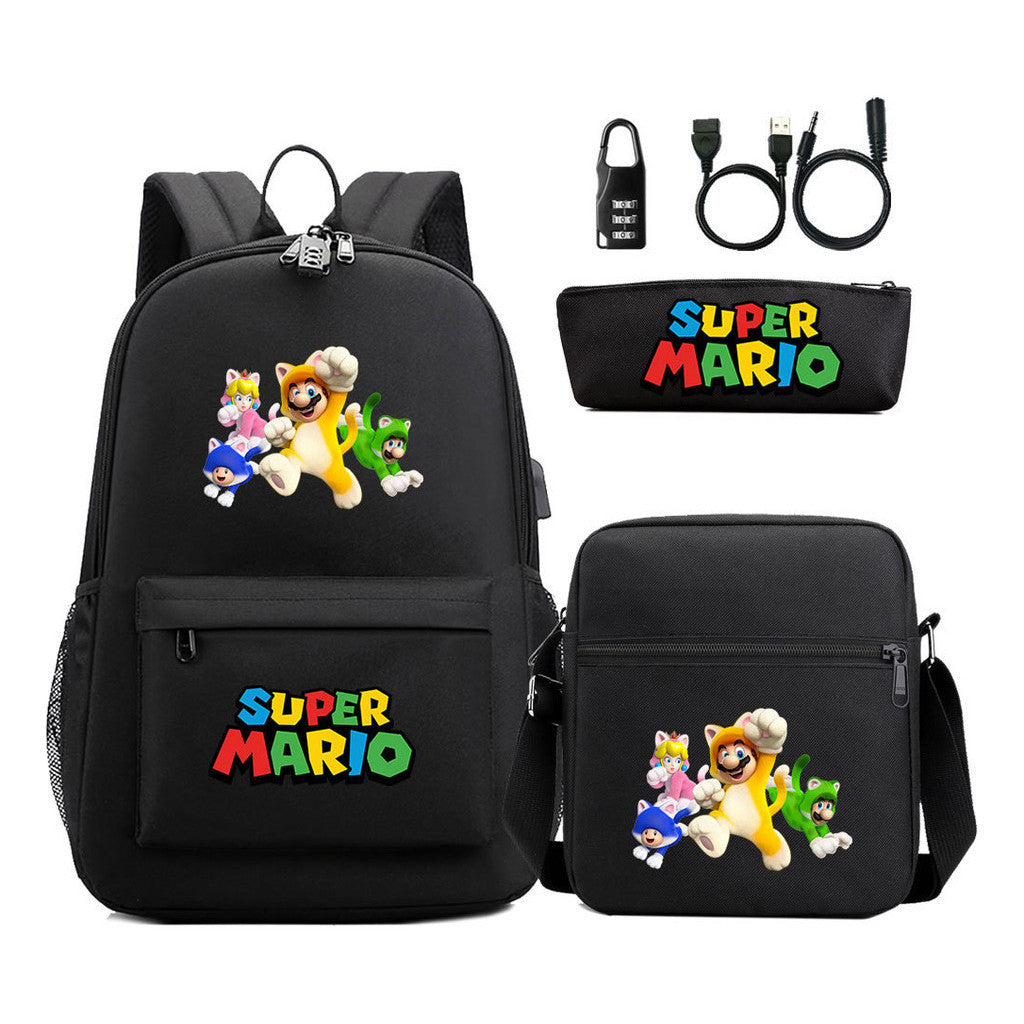 Super Mario Usb Password Lock Youth Student Backpack 3-piece Set For Men And Women Backpacks