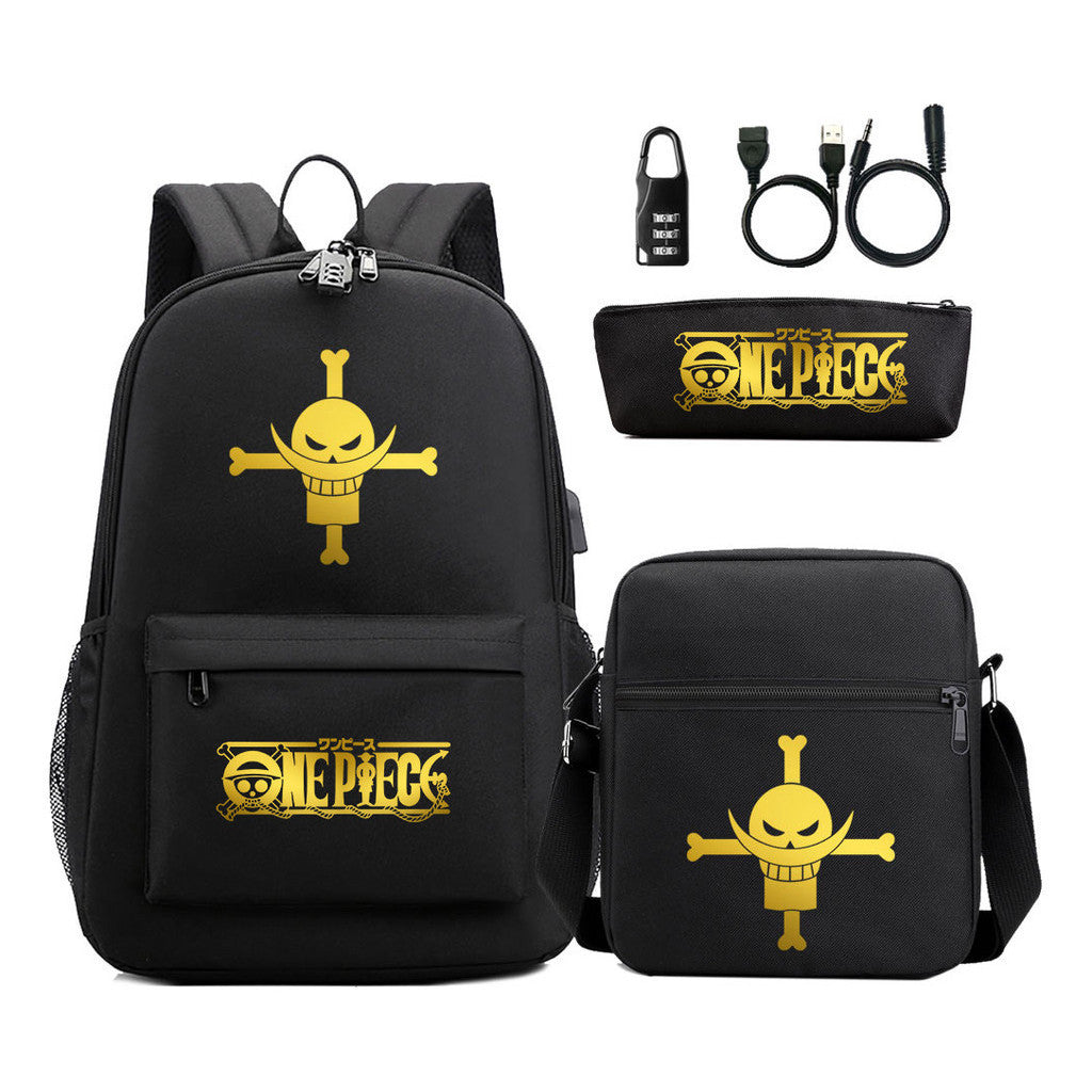 Golden Pirate King Usb Password Lock Youth Student Backpack Set Of Three Pieces, Men's And Women's Backpack Set