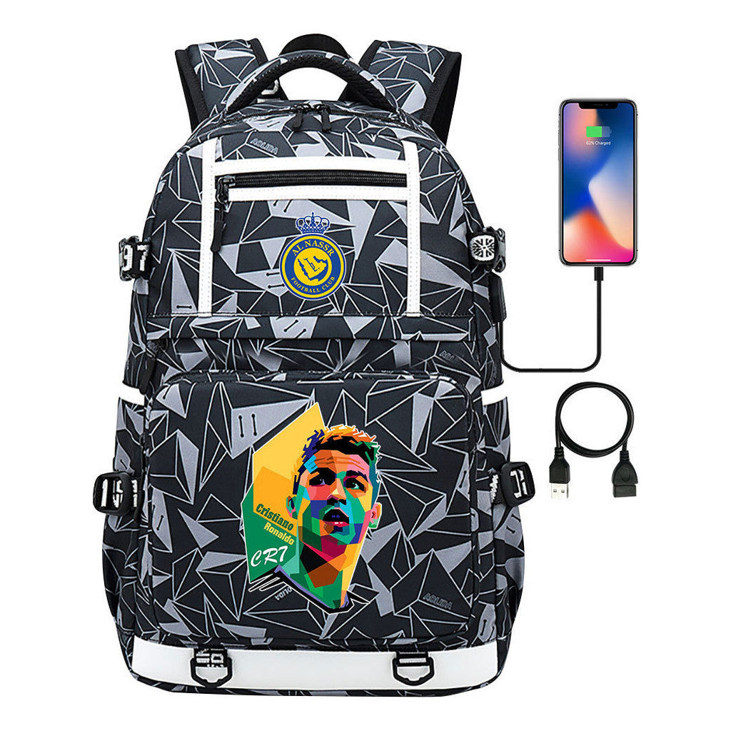 Football Star Cristiano Ronaldo Printed Usb Youth Student Backpack For Men And Women, Backpack For Leisure Travel