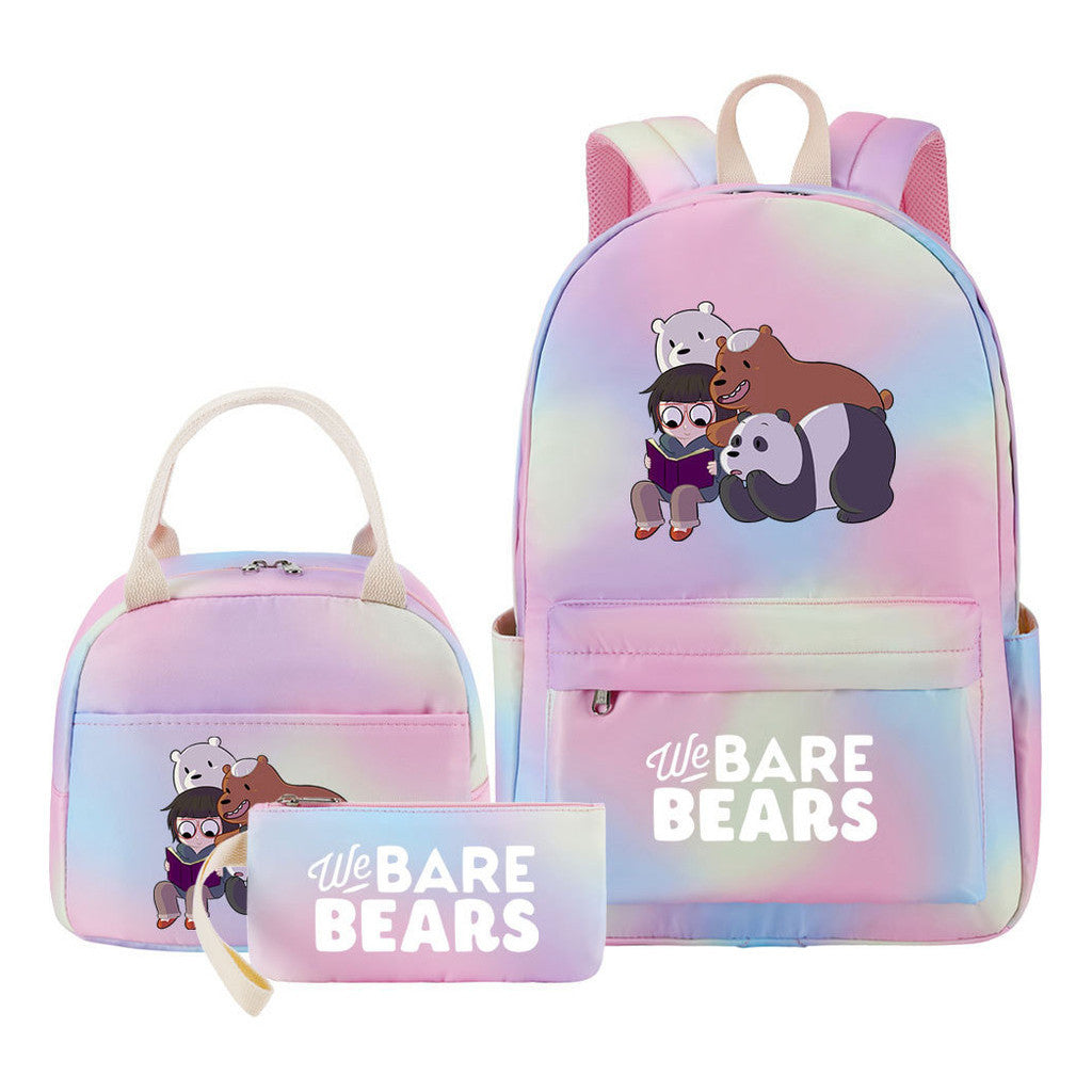 Cartoon Cute Three Bears Youth Student Girls School Bag Lunch Bag Three Piece Set Backpack Set