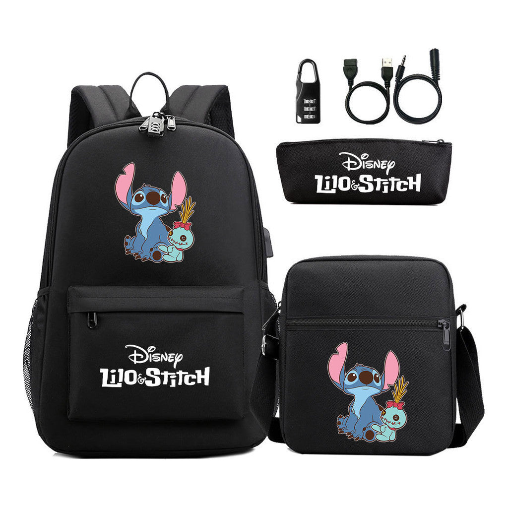 Interstellar Baby Stitch Usb Password Lock Youth Backpack 3-piece Set For Men And Women Backpacks