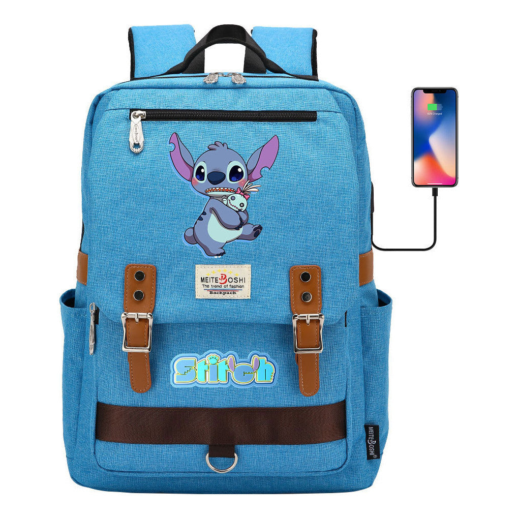 Anime Star Baby Stitch Printed Youth Student School Bag Casual Magnetic Buckle Backpack