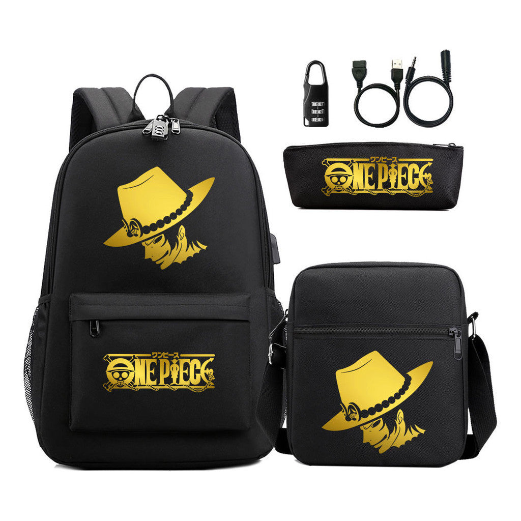 Golden Pirate King Usb Password Lock Youth Student Backpack Set Of Three Pieces, Men's And Women's Backpack Set