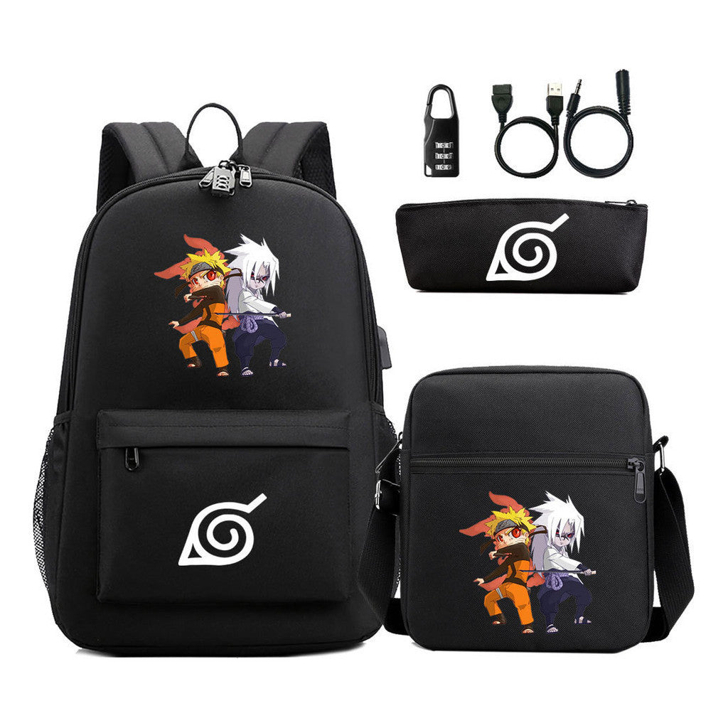Naruto Usb Password Lock Youth Student Backpack Three Piece Set For Men And Women Backpack Set