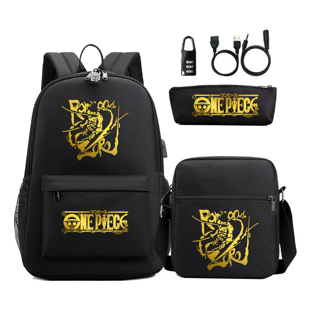Golden Pirate King Usb Password Lock Youth Student Backpack Set Of Three Pieces, Men's And Women's Backpack Set