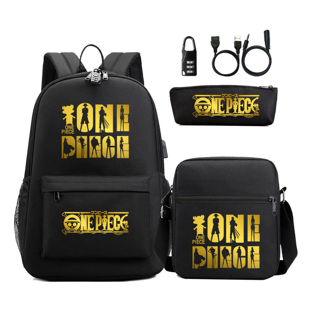Golden Pirate King Usb Password Lock Youth Student Backpack Set Of Three Pieces, Men's And Women's Backpack Set