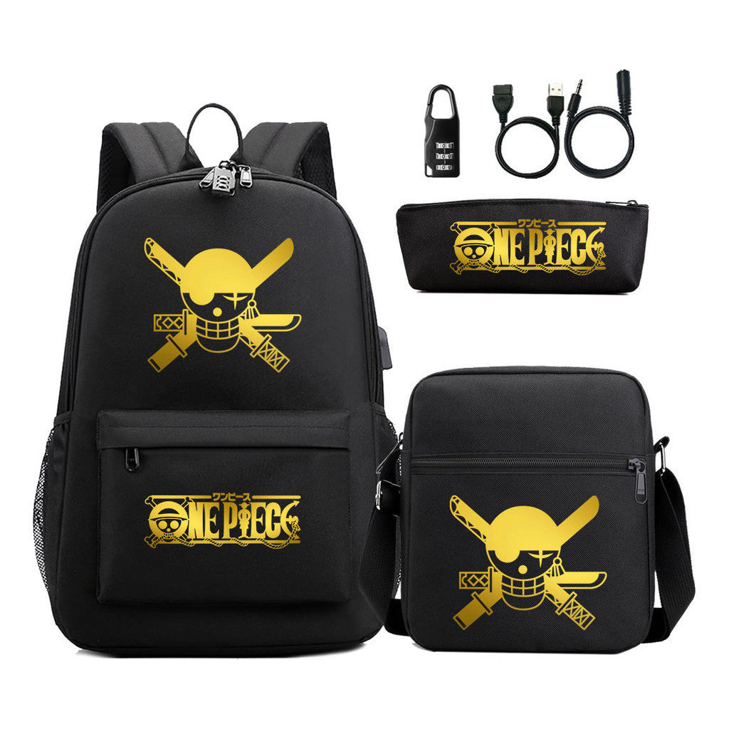 Golden Pirate King Usb Password Lock Youth Student Backpack Set Of Three Pieces, Men's And Women's Backpack Set