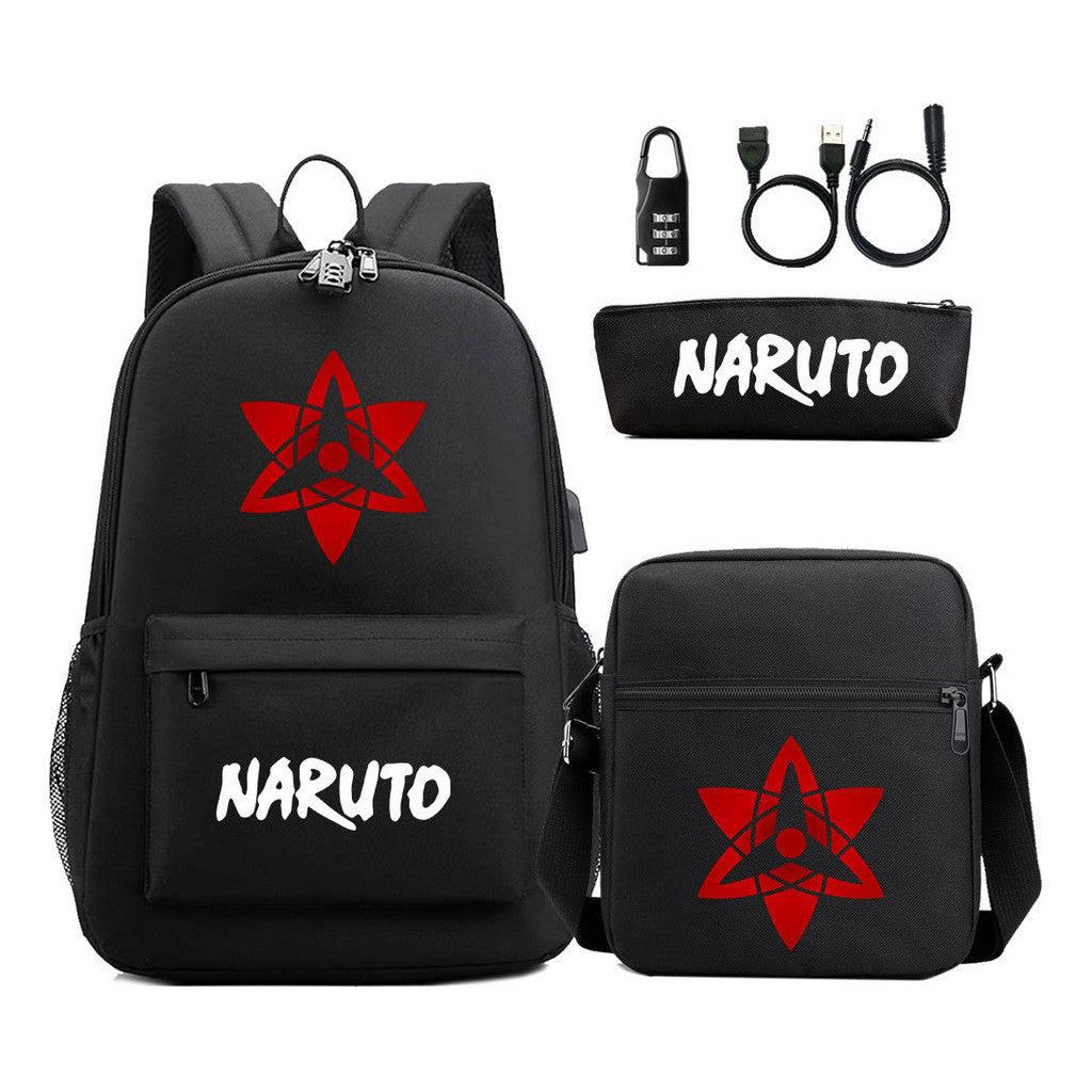 Naruto Usb Password Lock Youth Student Backpack Three Piece Set For Men And Women Backpack Set