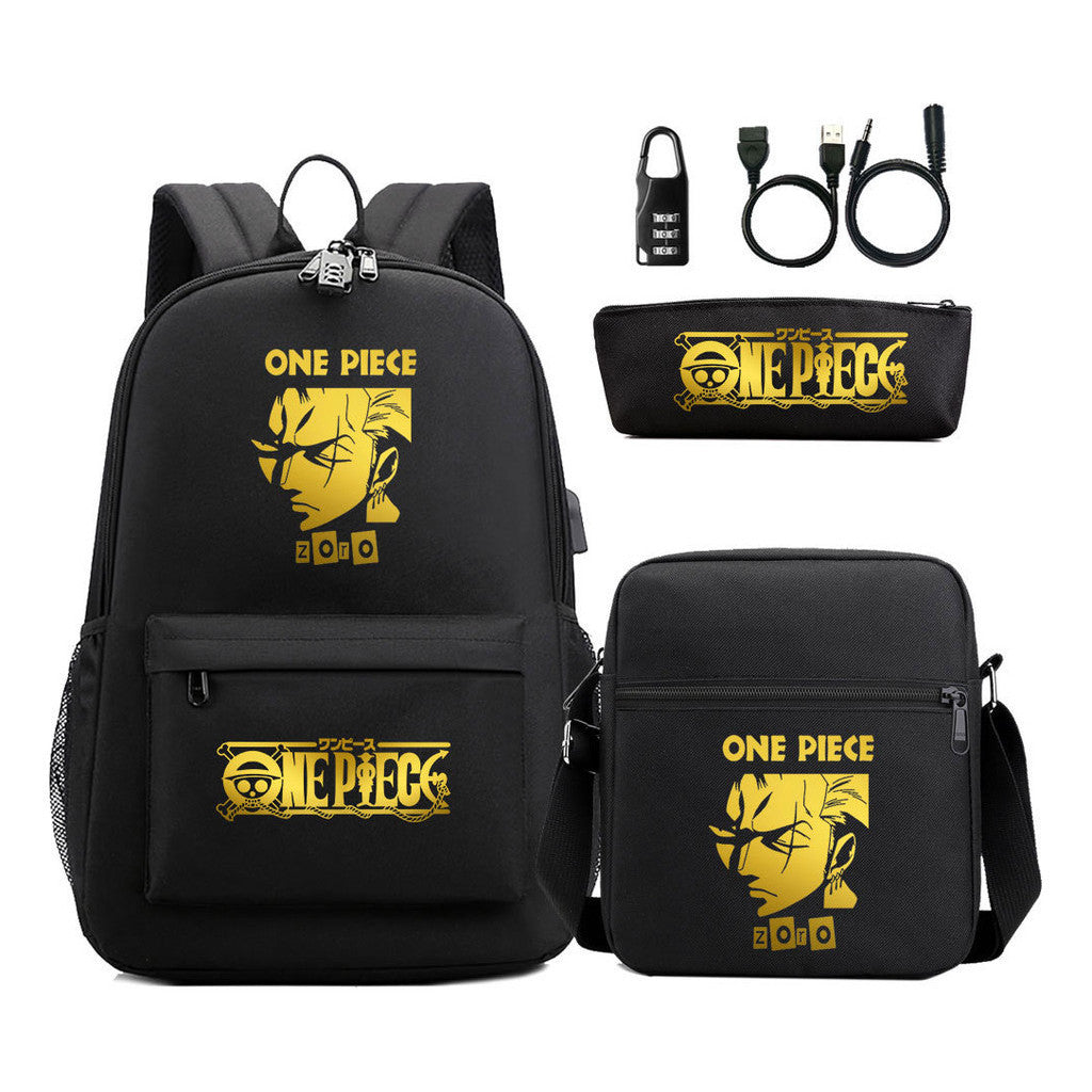 Golden Pirate King Usb Password Lock Youth Student Backpack Set Of Three Pieces, Men's And Women's Backpack Set