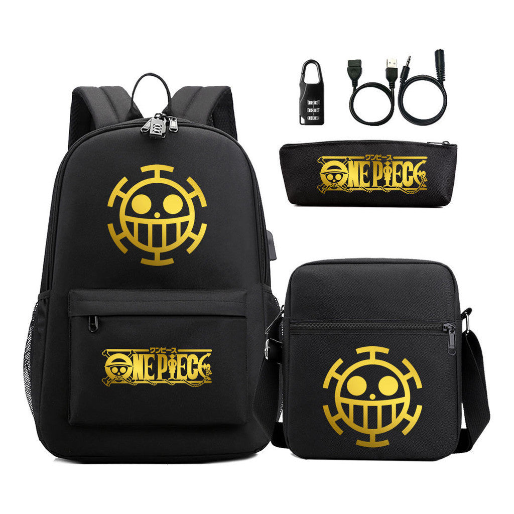 Golden Pirate King Usb Password Lock Youth Student Backpack Set Of Three Pieces, Men's And Women's Backpack Set