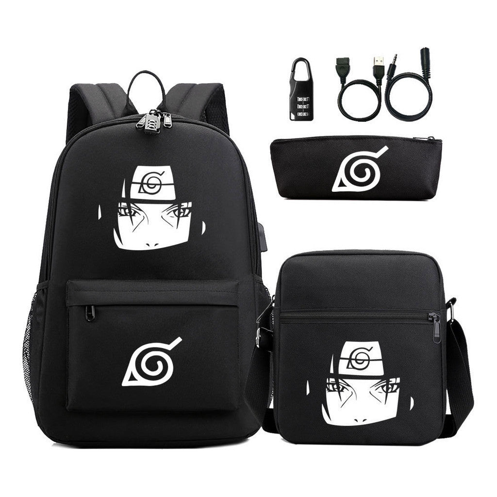 Fashionable Naruto Usb Password Lock Youth Student School Bag Three Piece Backpack Set