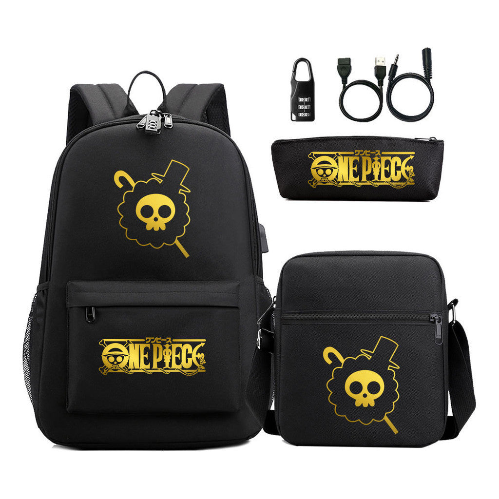 Golden Pirate King Usb Password Lock Youth Student Backpack Set Of Three Pieces, Men's And Women's Backpack Set