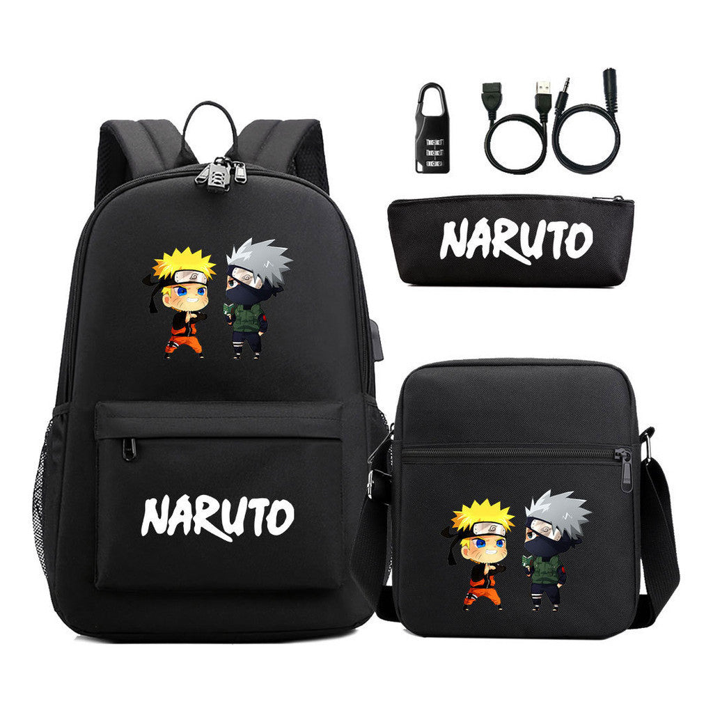 Naruto Usb Password Lock Youth Student Backpack Three Piece Set For Men And Women Backpack Set