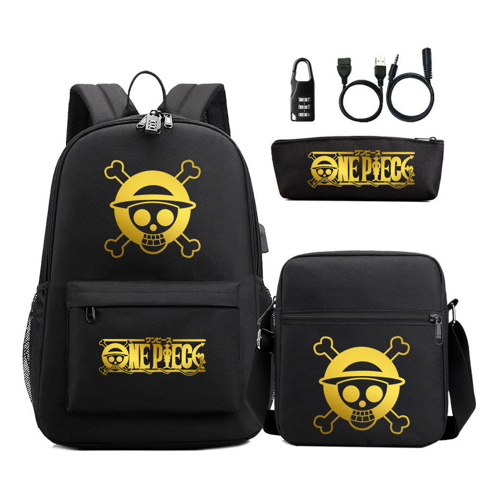 Golden Pirate King Usb Password Lock Youth Student Backpack Set Of Three Pieces, Men's And Women's Backpack Set