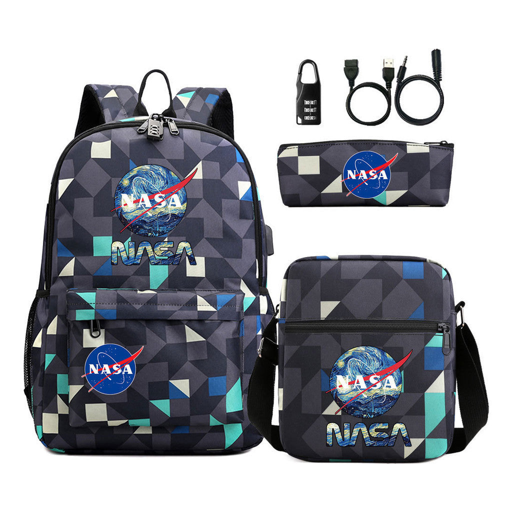 Fashionable Usb Password Lock Youth Student Backpack Three Piece Set Backpack