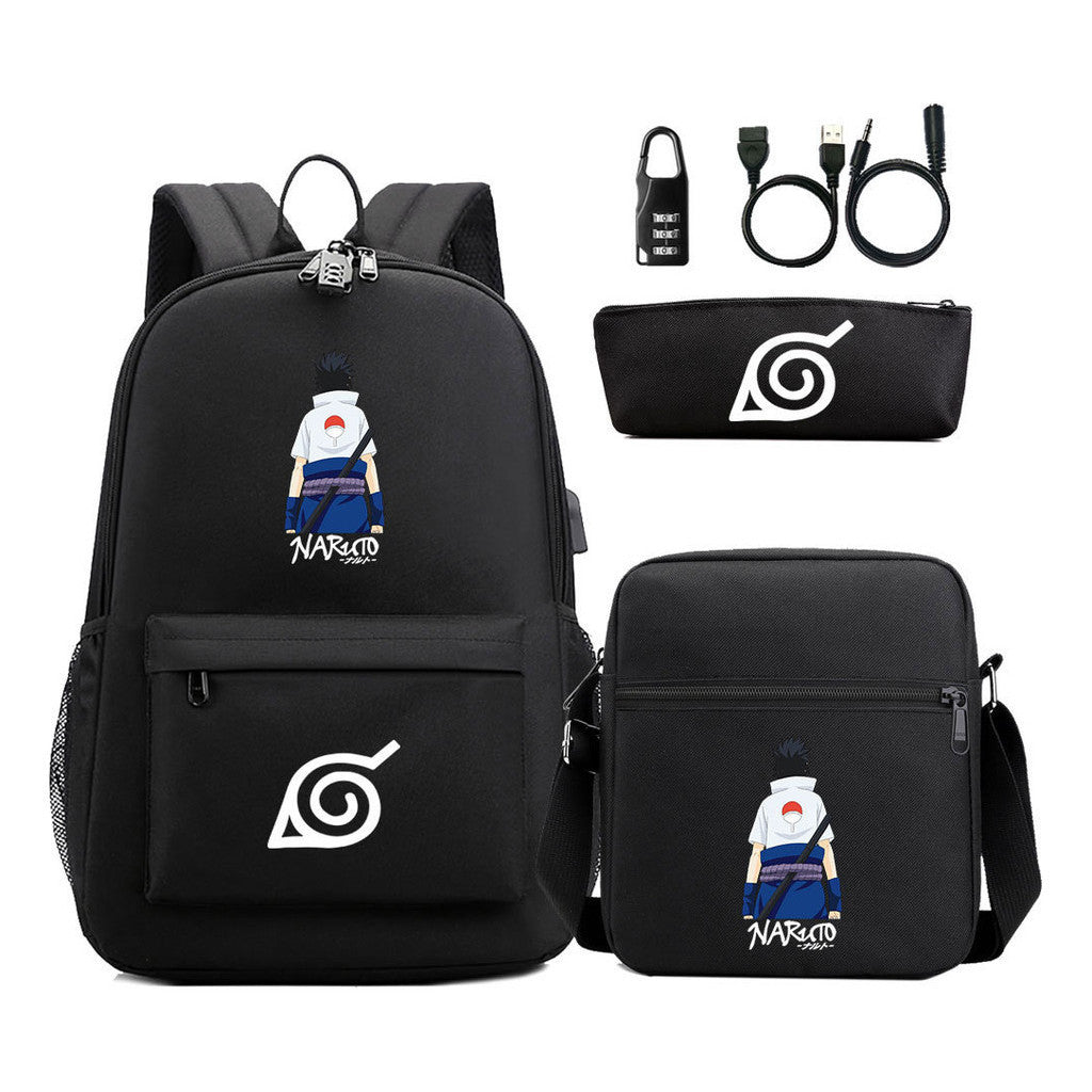 Naruto Usb Password Lock Youth Student Backpack Three Piece Set For Men And Women Backpack Set