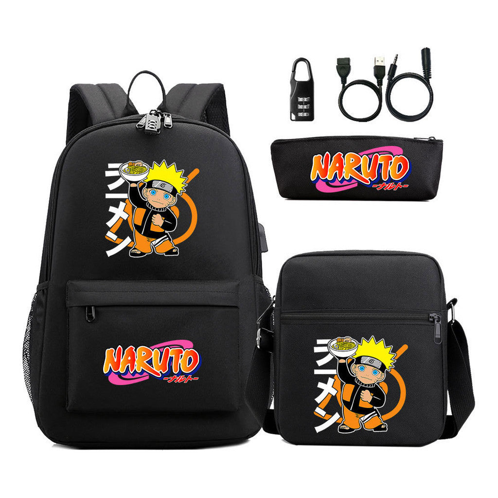 Naruto Usb Password Lock Youth Student Backpack Three Piece Set For Men And Women Backpacks