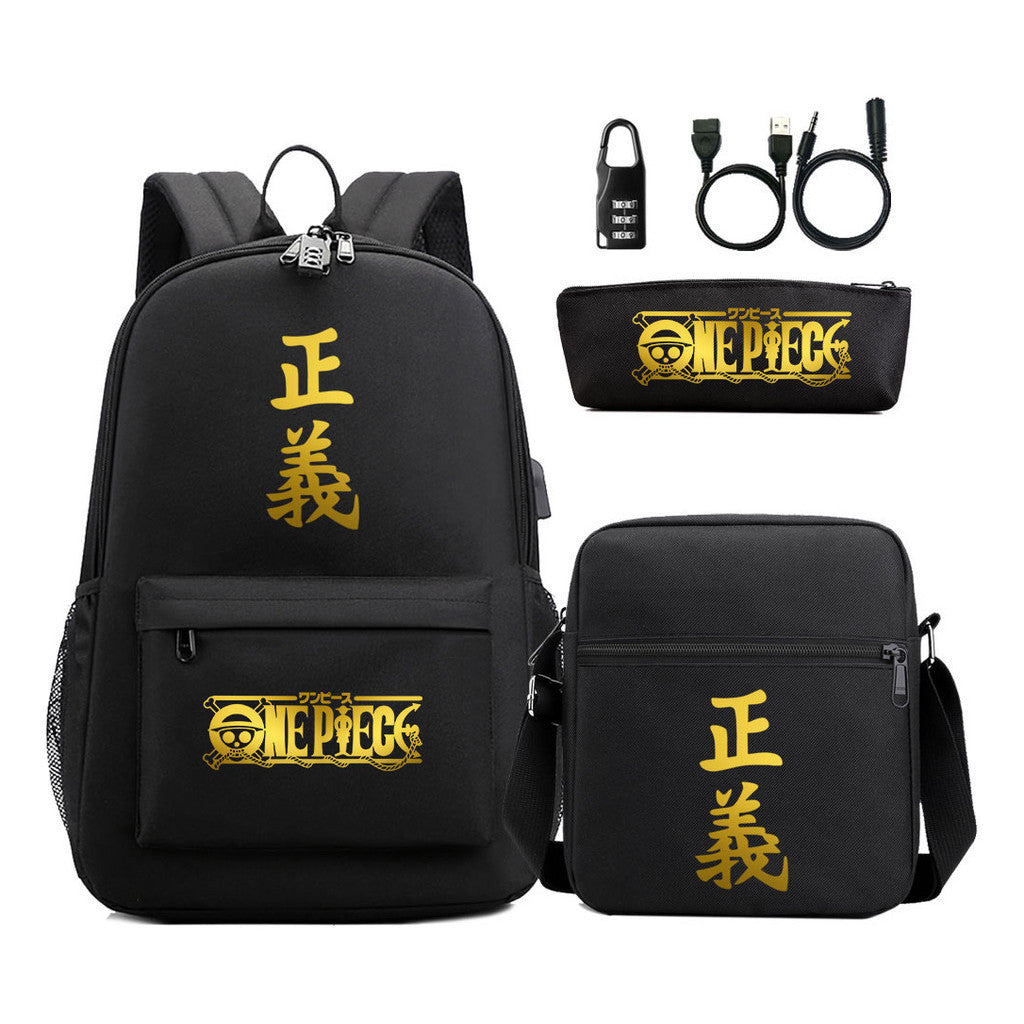Golden Pirate King Usb Password Lock Youth Student Backpack Set Of Three Pieces, Men's And Women's Backpack Set