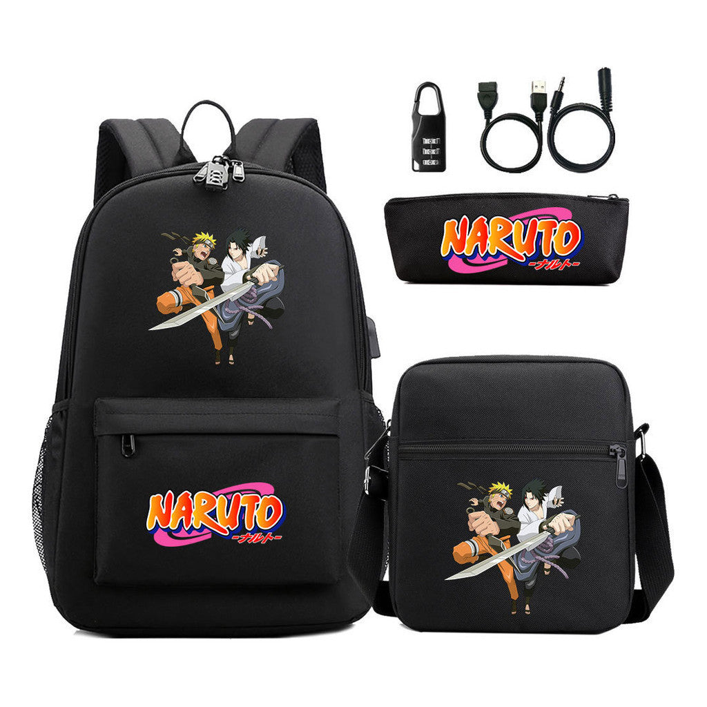 Naruto Usb Password Lock Youth Student Backpack Three Piece Set For Men And Women Backpacks