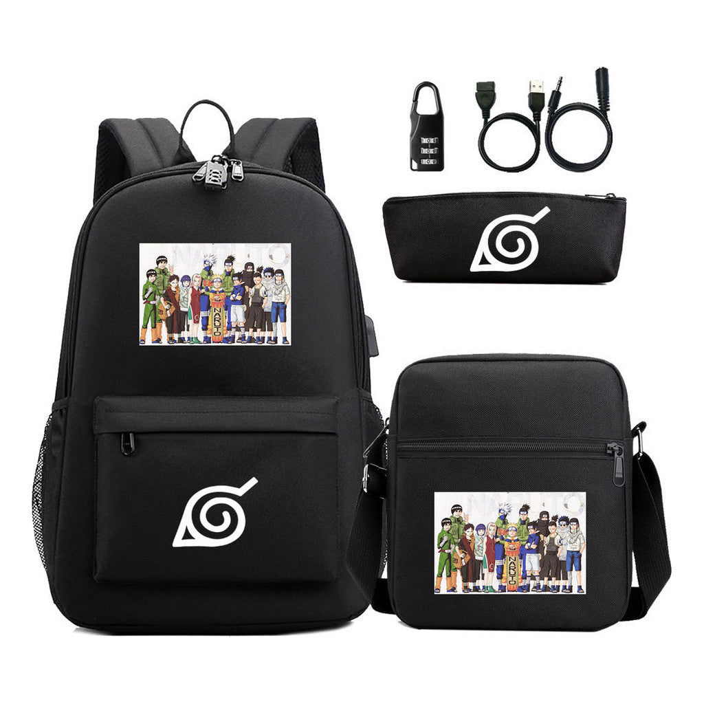 Fashionable Naruto Usb Password Lock Youth Student School Bag Three Piece Backpack Set
