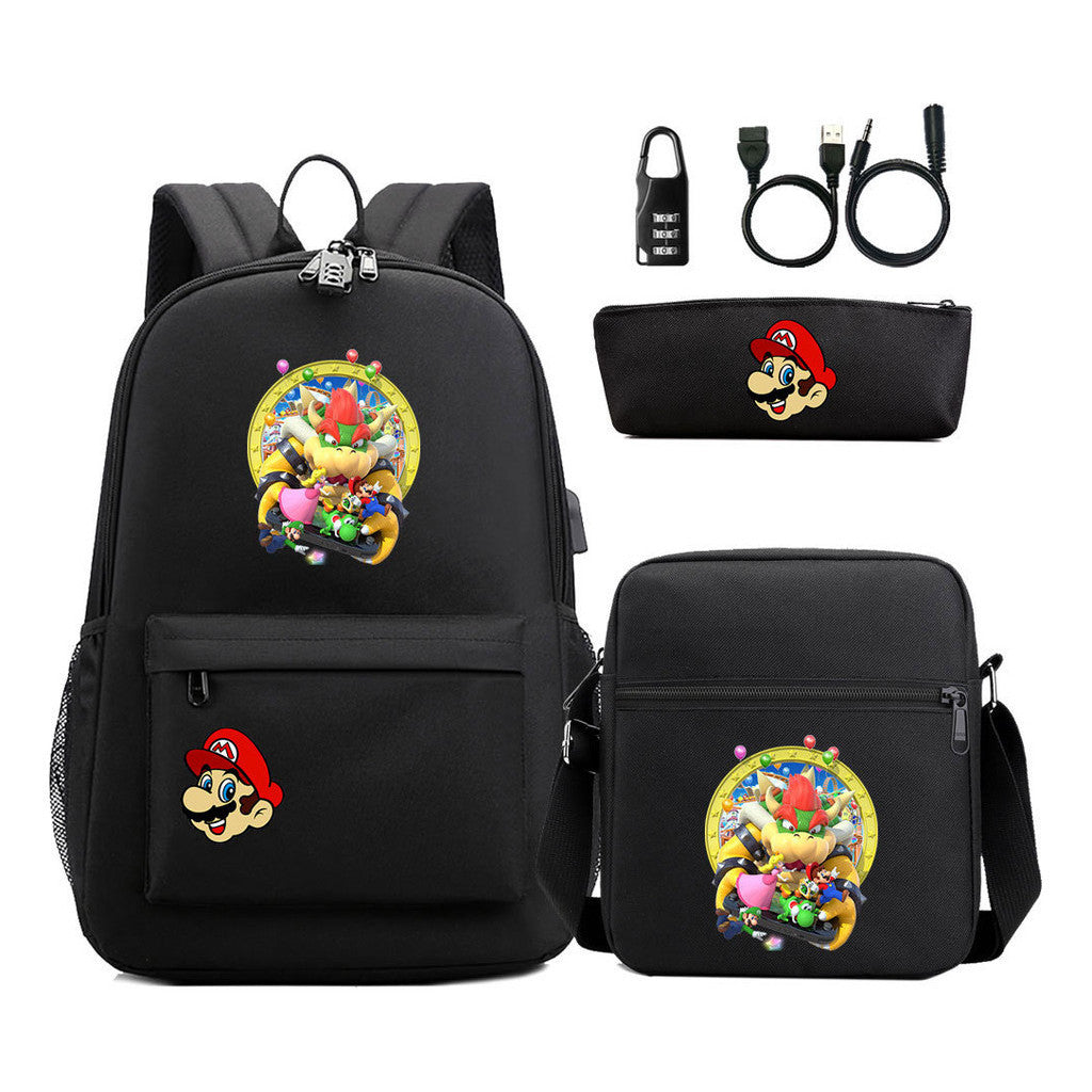 Super Mario Usb Password Lock Youth Student Backpack 3-piece Set For Men And Women Backpacks