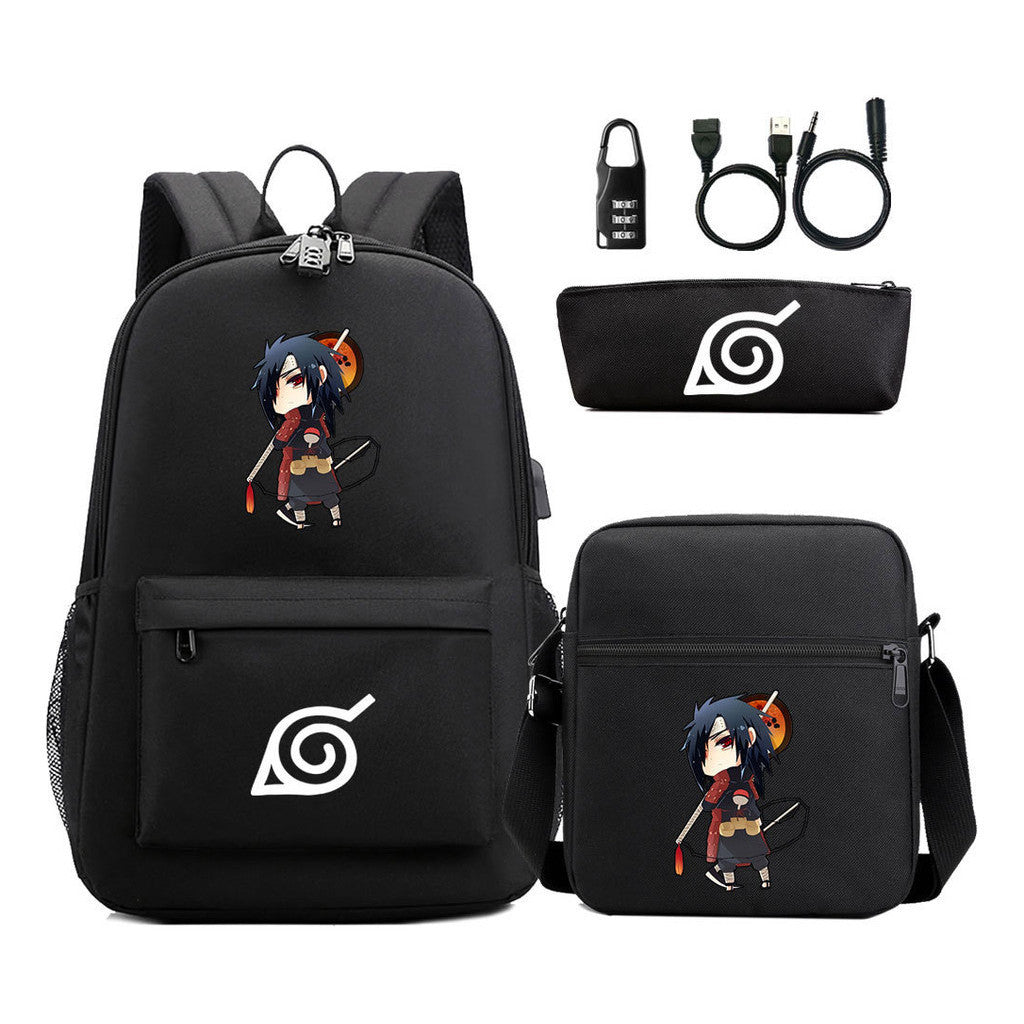 Fashionable Naruto Usb Password Lock Youth Student School Bag Three Piece Backpack Set