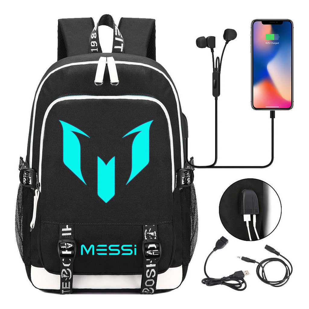 Blue Luminous Sports Football Star Teenagers Schoolbag Usb Leisure Backpack Men And Women