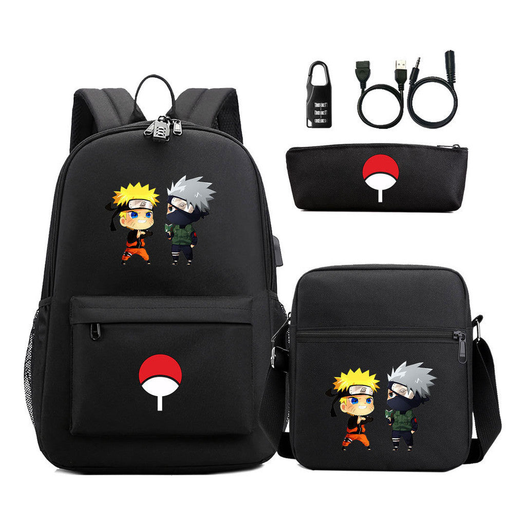 Naruto Usb Password Lock Youth Student Backpack Three Piece Set Backpack Set