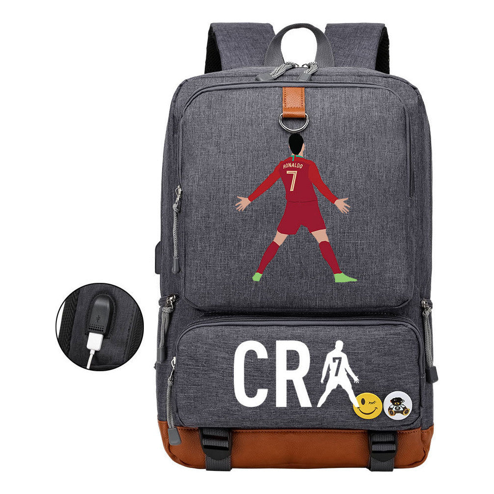 Football Star Cristiano Ronaldo Printed Usb Youth Primary And Secondary School Backpack For Boy And Girl's Leisure Travel Backpack