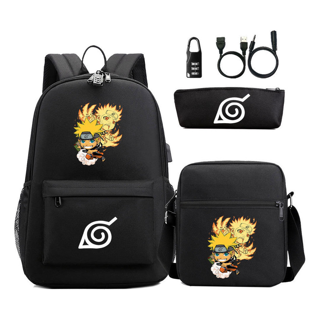 Fashionable Naruto Usb Password Lock Youth Student School Bag Three Piece Backpack Set