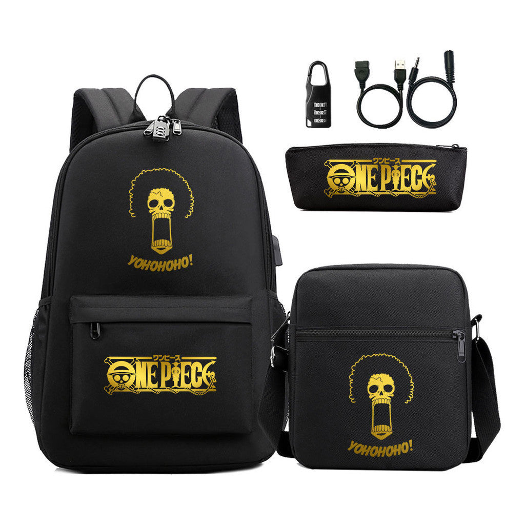 Golden Pirate King Usb Password Lock Youth Student Backpack Set Of Three Pieces, Men's And Women's Backpack Set