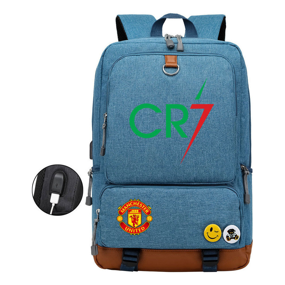 Football Star Cristiano Ronaldo Printed Usb Youth Backpack For Leisure Travel Backpack
