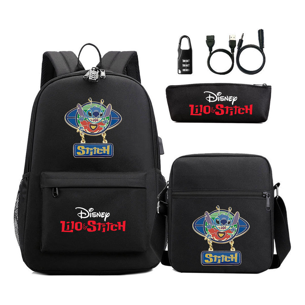 Interstellar Baby Stitch Usb Password Lock Youth Student Backpack 3-piece Set For Men And Women Backpacks