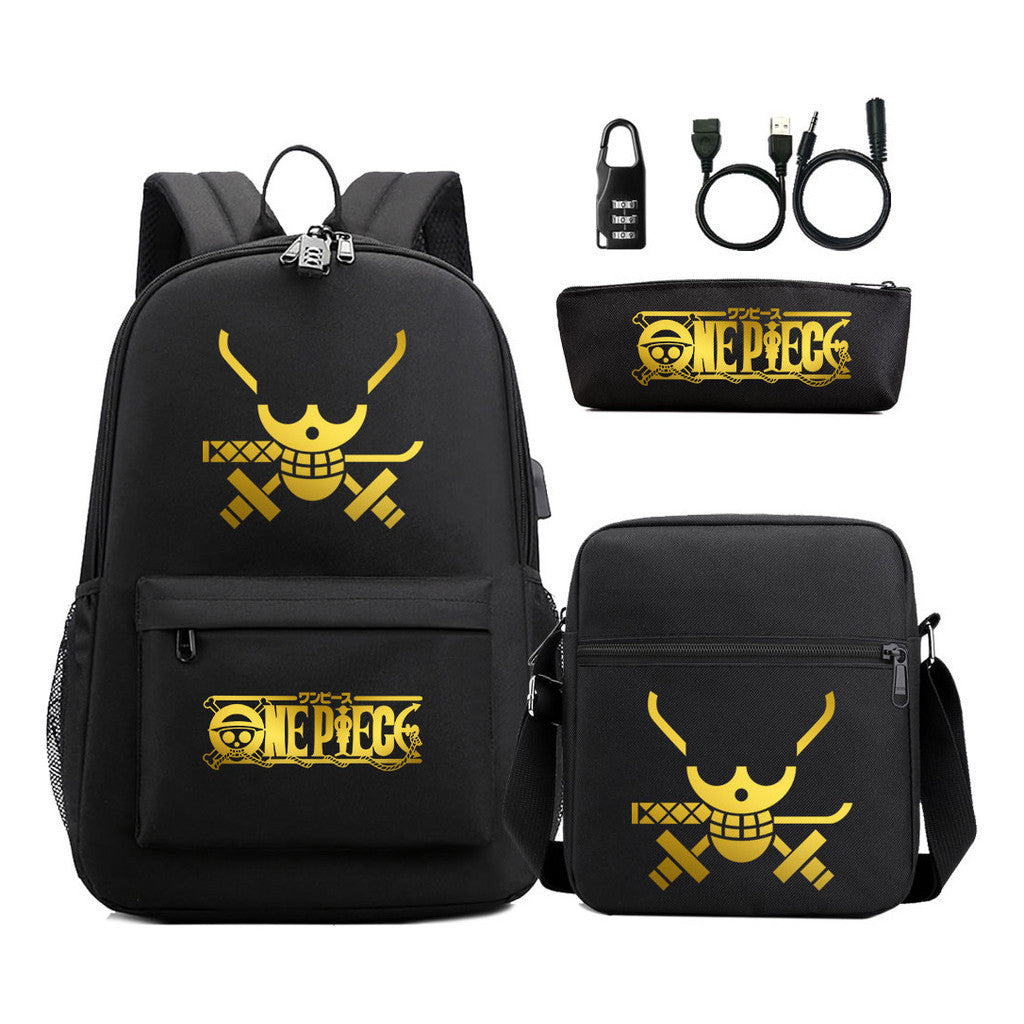 Golden Pirate King Usb Password Lock Youth Student Backpack Set Of Three Pieces, Men's And Women's Backpack Set