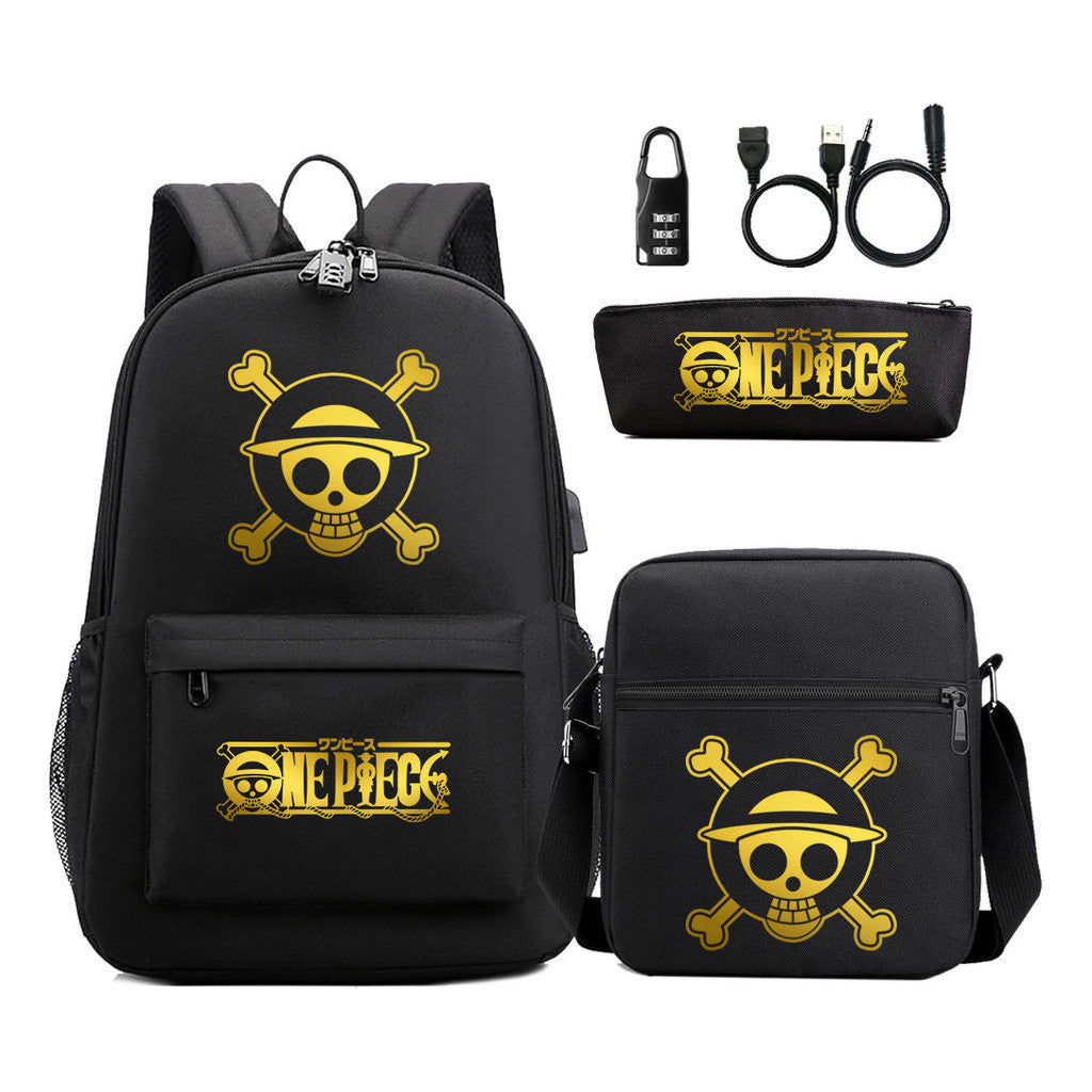 Golden Pirate King Usb Password Lock Youth Student Backpack Set Of Three Pieces, Men's And Women's Backpack Set