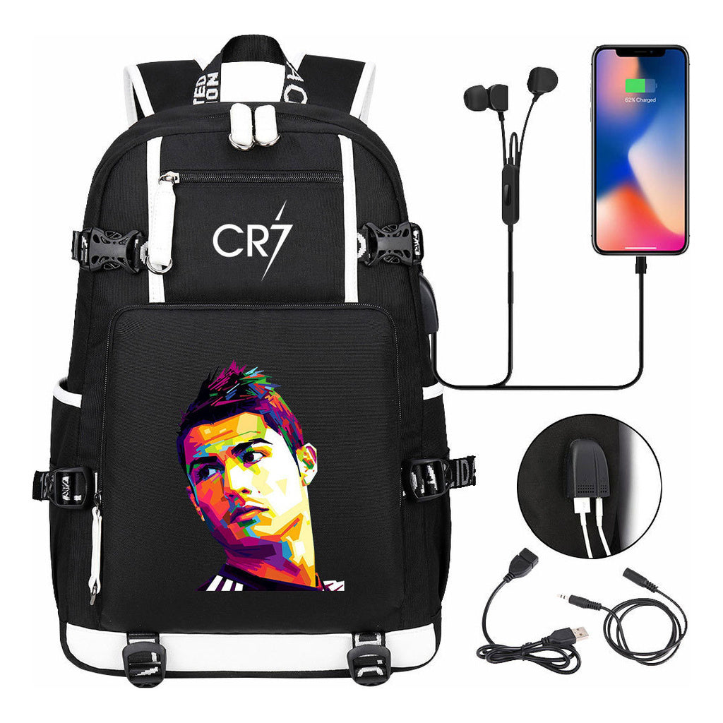 Football Dribbling Star Cristiano Ronaldo Printed Usb Large Capacity Youth Student Backpack For Men And Women's Leisure Travel Backpack