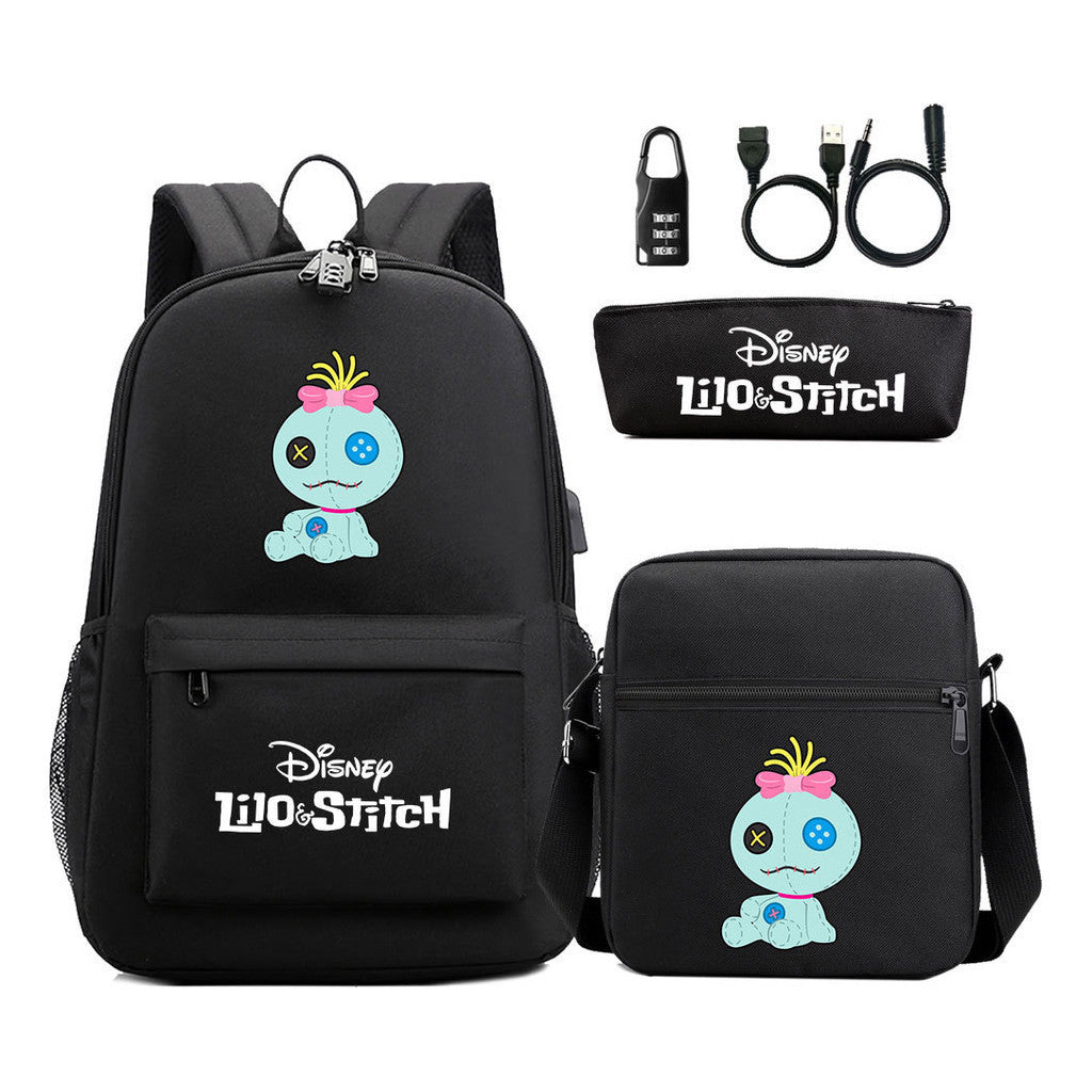 Interstellar Baby Stitch Usb Password Lock Youth Backpack 3-piece Set For Men And Women Backpacks