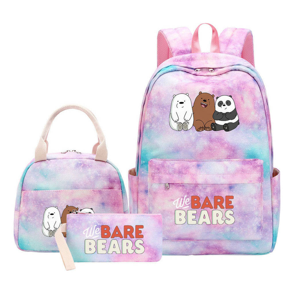 Cartoon Cute Three Bears Youth Student Girls School Bag Lunch Bag Three Piece Set Backpack Set