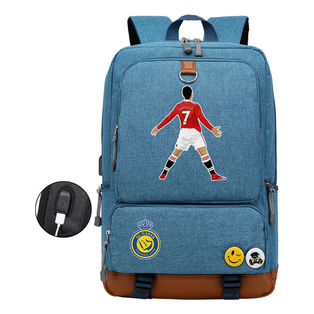 Football Star Cristiano Ronaldo Printed Usb Student Backpack Leisure Travel Backpack