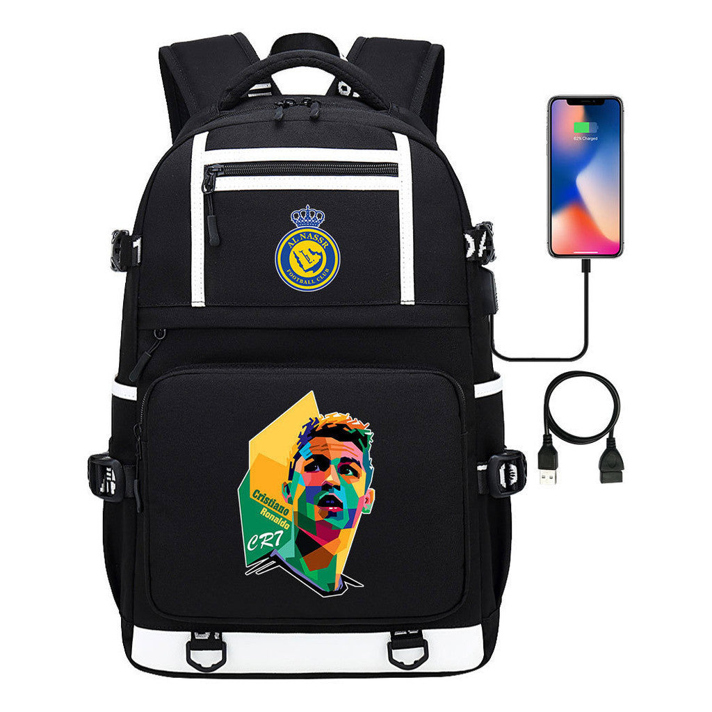 Football Star Cristiano Ronaldo Printed Usb Youth Student Backpack For Men And Women, Backpack For Leisure Travel