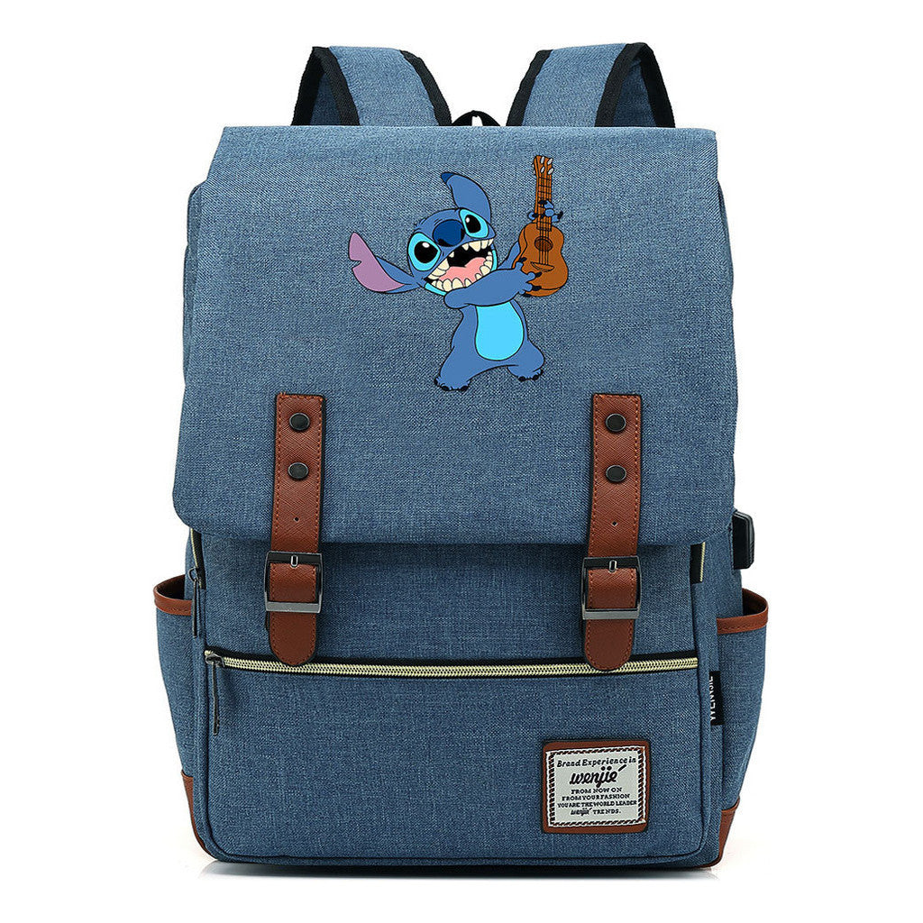 Anime Star Baby Stitch Printed Youth Student Backpack Usb Casual Backpack