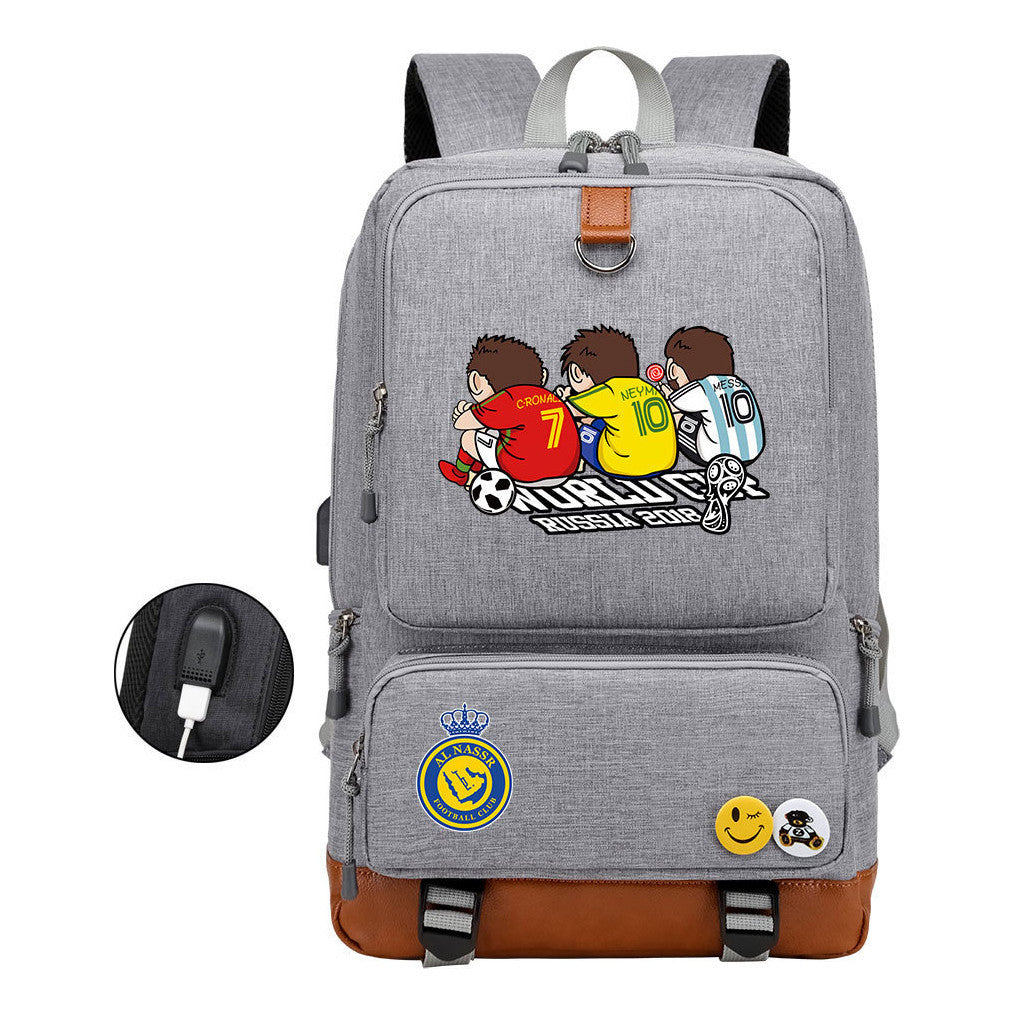 Football Star Cristiano Ronaldo Printed Usb Youth Student Backpack For Leisure Travel Backpack