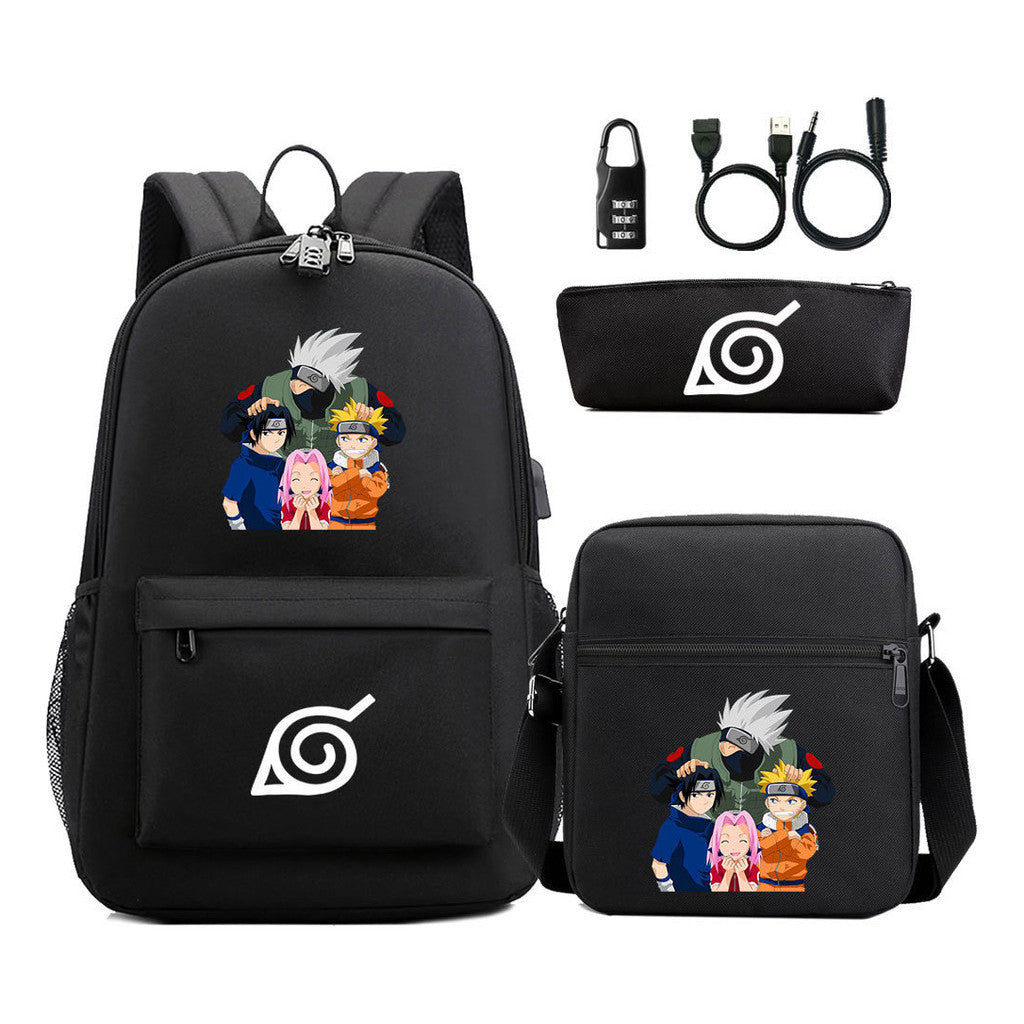 Naruto Usb Password Lock Youth Student Backpack Three Piece Set For Men And Women Backpack Set