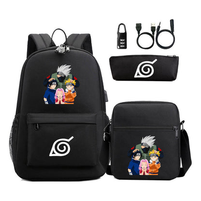 Naruto Usb Password Lock Youth Student Backpack Three Piece Set For Men And Women Backpack Set
