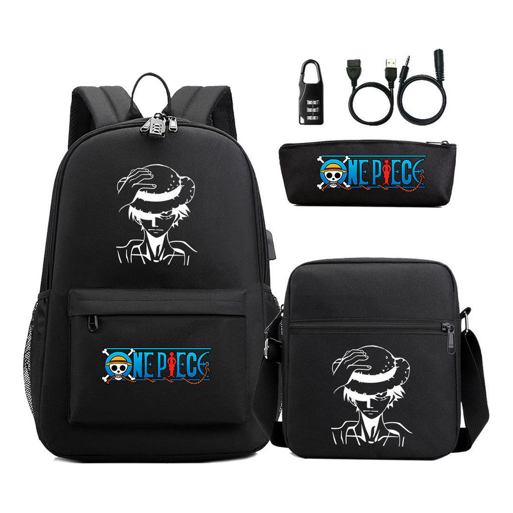 Cartoon Pirate King Usb Password Lock Youth Student School Bag Three Piece Set For Boys And Girls Backpack Set