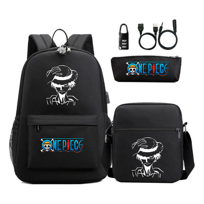 Cartoon Pirate King Usb Password Lock Youth Student School Bag Three Piece Set For Boys And Girls Backpack Set
