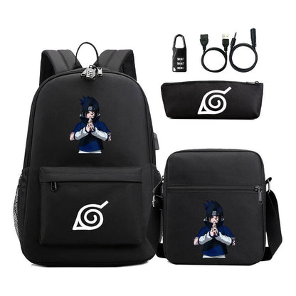 Naruto Usb Password Lock Backpack Three Piece Set For Men And Women Backpack Set