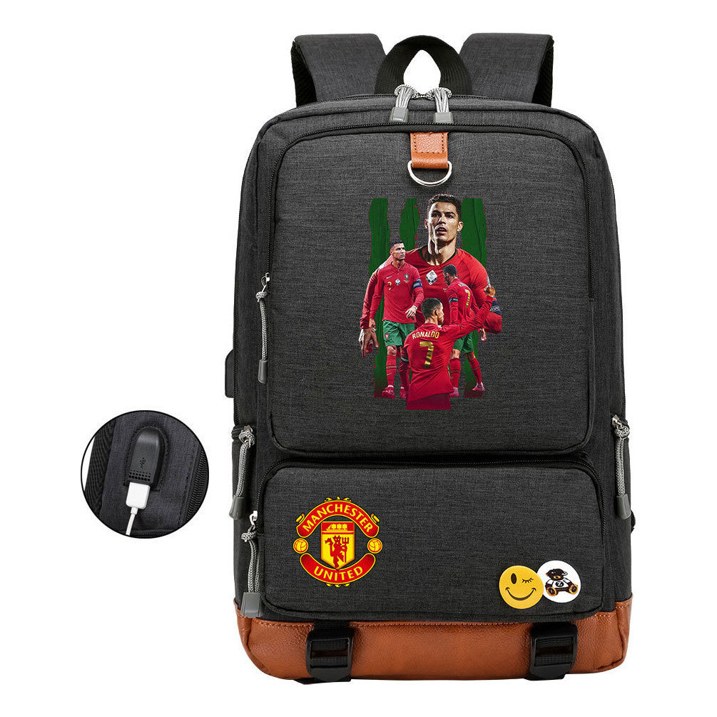 Football Star Cristiano Ronaldo Printed Usb Student Backpack For Leisure Travel Backpack