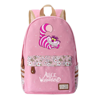 Anime Cartoon Cheshire Cat Print Student Backpack, Floral Casual Backpack