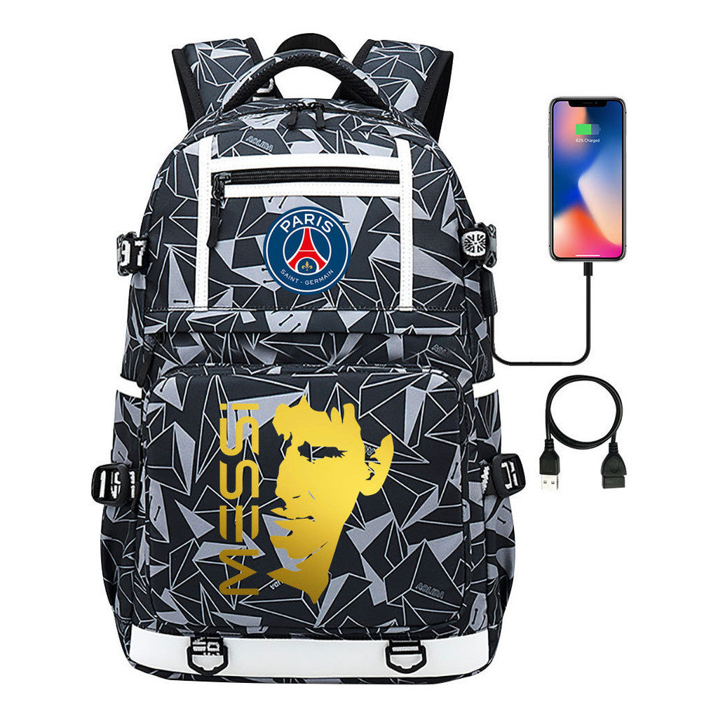 Gold Sports Football Star Printed Usb Youth School Bag Backpack Leisure Travel Backpack